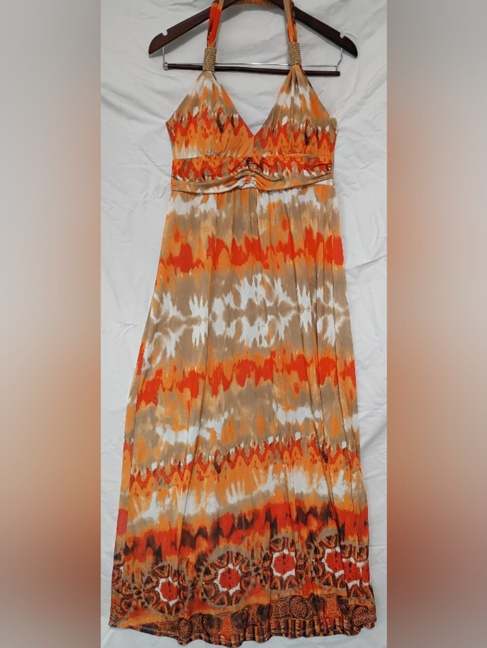 Cristinalove Orange and Tan Patterned Halter Maxi Dress Size L